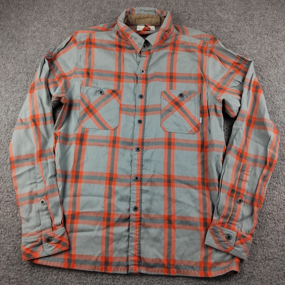 Simms Flannel Shirt HBT Mens Plaid Fishing Long Sleeve Grey Orange Flannel Sz M